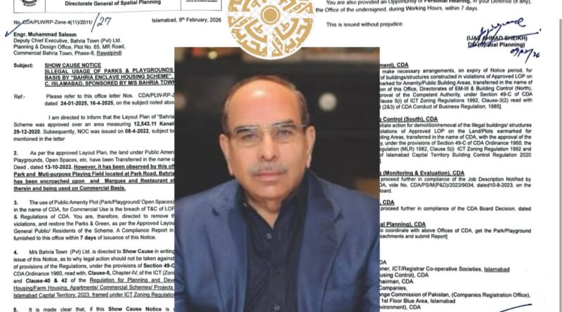 CDA Issues Show-Cause Notice to Bahria Town Over Alleged Illegal Use of Public Parks